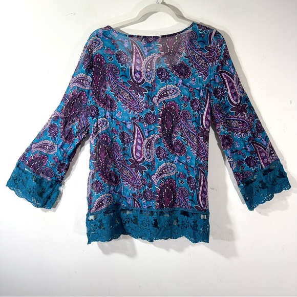 Sundance Silk Blouse Paisley Turquoise Lace Delicate Feminine Fairy - Picture 5 of 9